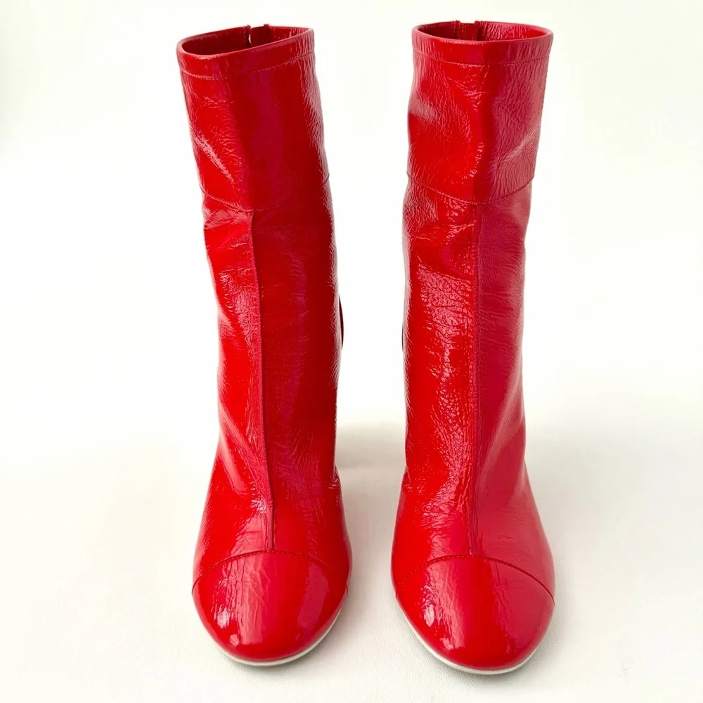 CHANEL | Red Patent Leather CC Logo Block Heel Ankle Boots EU 37.5
